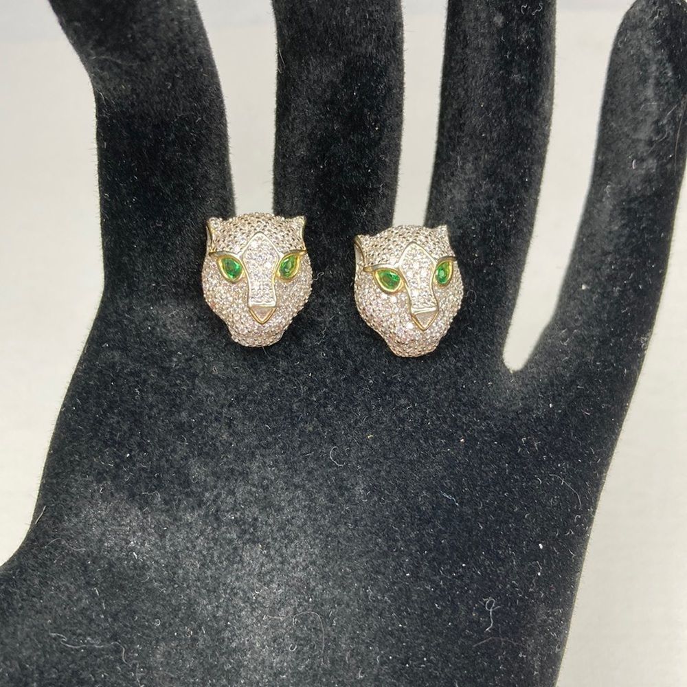 Fusion Creation International Earrings Panther Face 925 Silver & Gold Ea…